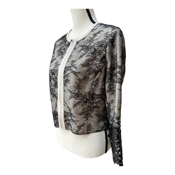 Chico's Black Label Crop Evening Jacket Floral Lace Faux Leather Cutout Sz Small - Picture 3 of 4